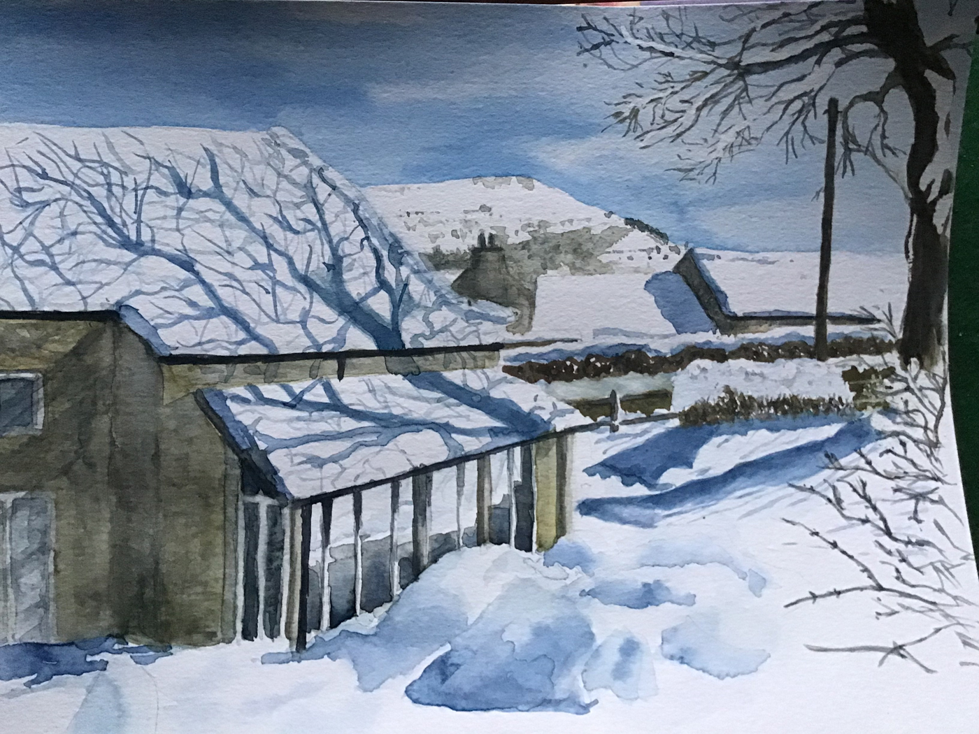 A painting of Uppergate Barn by Alison from last winter
